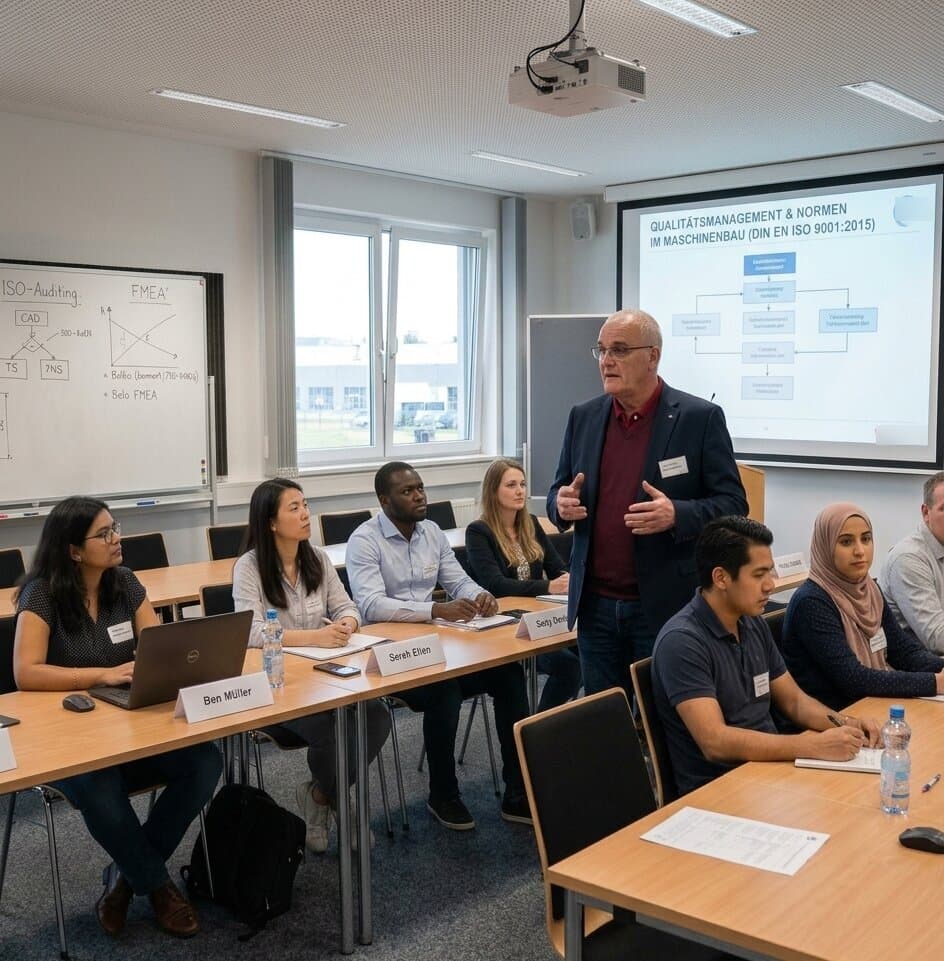 Referent erläutert einer Teilnehmergruppe die Anforderungen an Normen und Dokumentation
