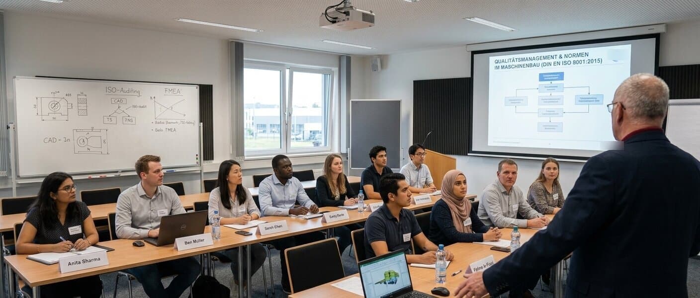 Teilnehmerinnen und Teilnehmer verfolgen einen Vortrag im Schulungsraum